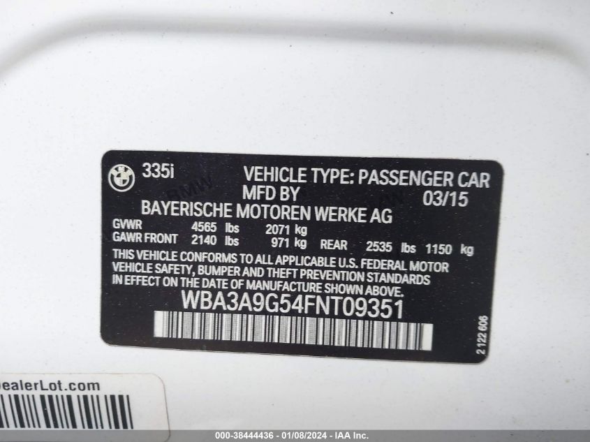 2015 BMW 335I WBA3A9G54FNT09351