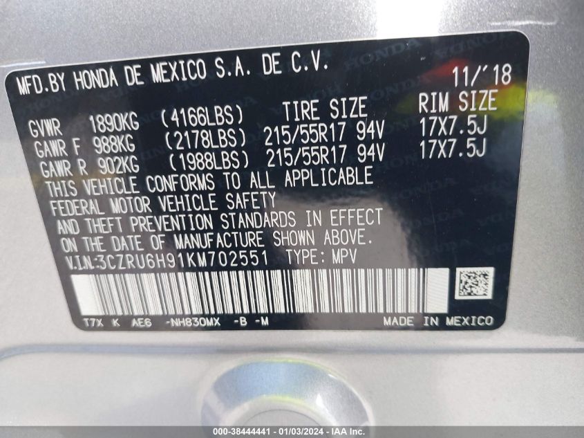 2019 HONDA HR-V TOURING - 3CZRU6H91KM702551