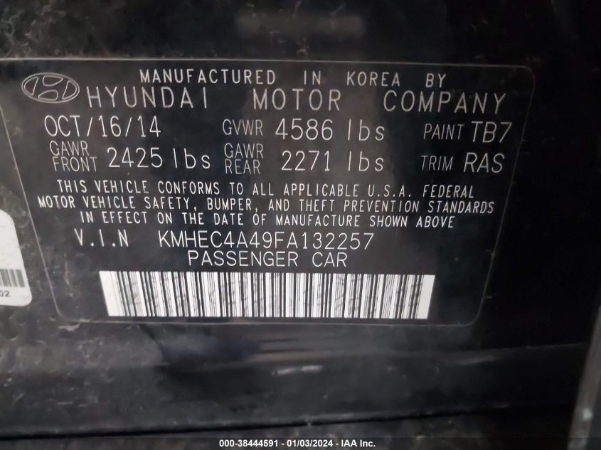 2015 HYUNDAI SONATA HYBRID - KMHEC4A49FA132257