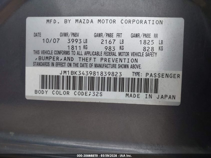 JM1BK343981839823 | 2008 MAZDA MAZDA3