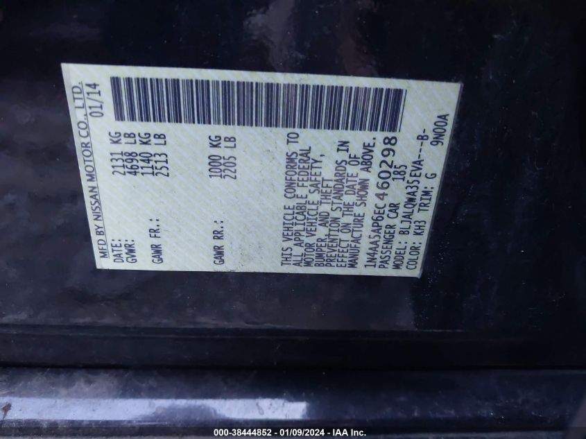 2014 NISSAN MAXIMA 3.5 S/3.5 SV - 1N4AA5AP6EC460298