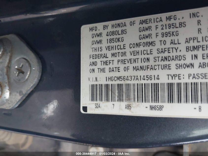 1HGCM56437A145614 | 2007 HONDA ACCORD