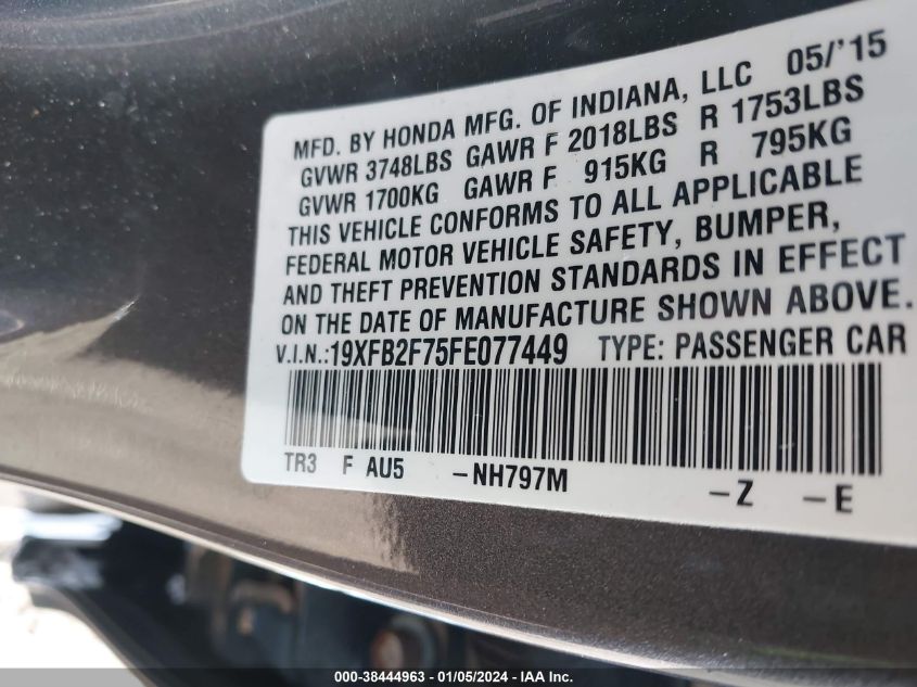 2015 HONDA CIVIC SE - 19XFB2F75FE077449