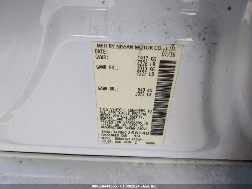 2016 NISSAN ALTIMA 2.5/S/SV/SL/SR - 1N4AL3AP8GC268740