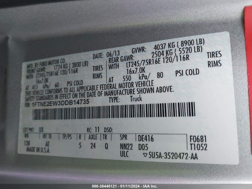 2013 FORD E-250 COMMERCIAL 1FTNE2EW3DDB14735
