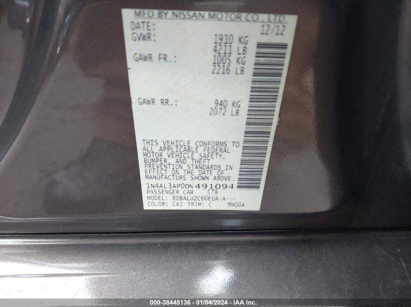 2013 NISSAN ALTIMA 2.5/S/SV/SL - 1N4AL3AP0DN491094