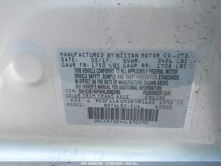 2017 NISSAN VERSA S/S PLUS/SV/SL - 3N1CN7AP4HL890295