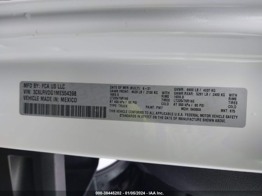 2021 RAM PROMASTER 2500 HIGH ROOF 159 WB 3C6LRVDG1ME554398