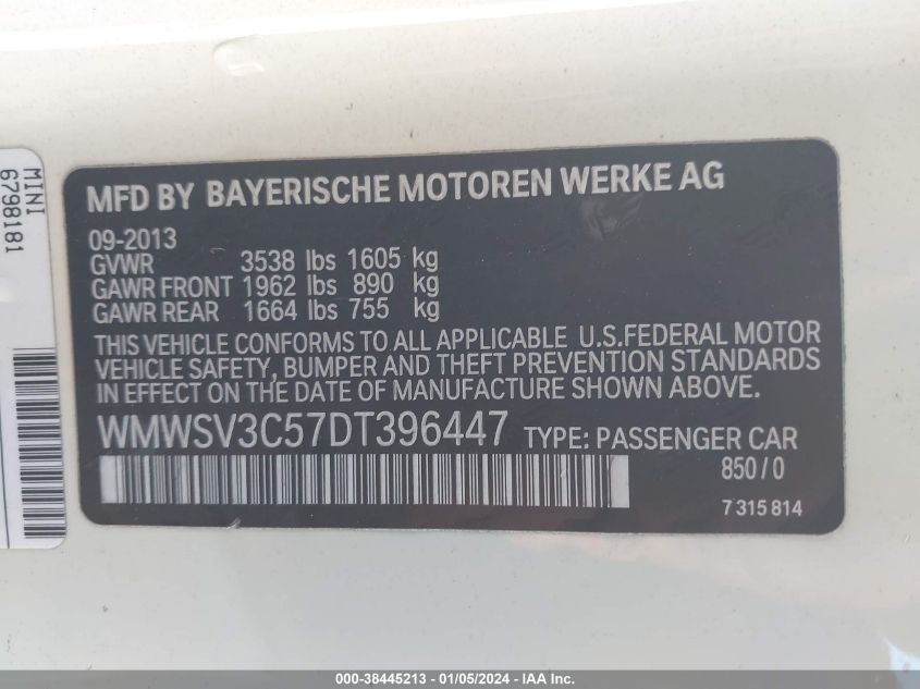 2013 MINI HARDTOP COOPER S - WMWSV3C57DT396447