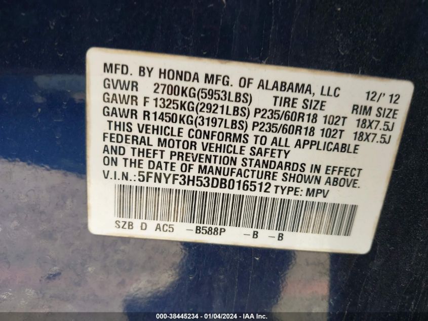2013 HONDA PILOT EXL - 5FNYF3H53DB016512