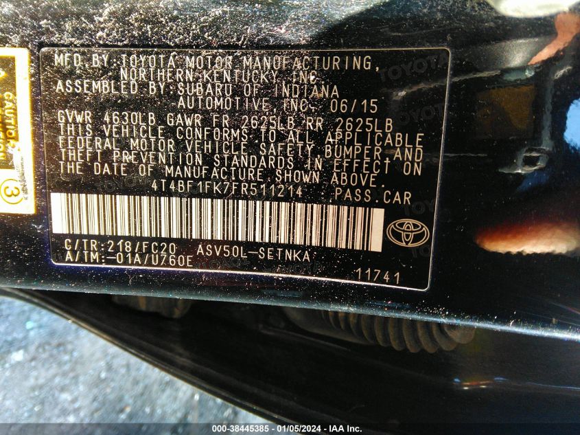 2015 TOYOTA CAMRY LE/XLE/SE/XSE - 4T4BF1FK7FR511214