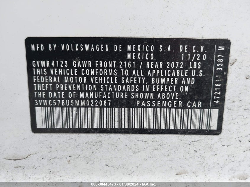 VIN: 3VWC57BU9MM022067 2021 VOLKSWAGEN JETTA S/SE/R-LINE