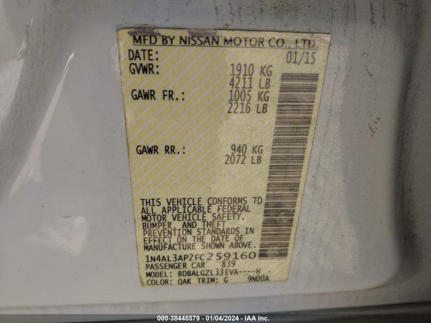 2015 NISSAN ALTIMA 2.5 S - 1N4AL3AP2FC259160