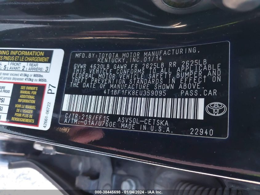 2014 TOYOTA CAMRY L/SE/LE/XLE - 4T1BF1FK8EU359095