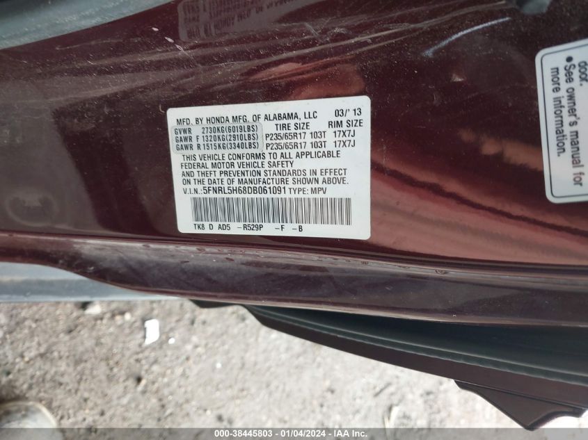 2013 HONDA ODYSSEY EX-L - 5FNRL5H68DB061091