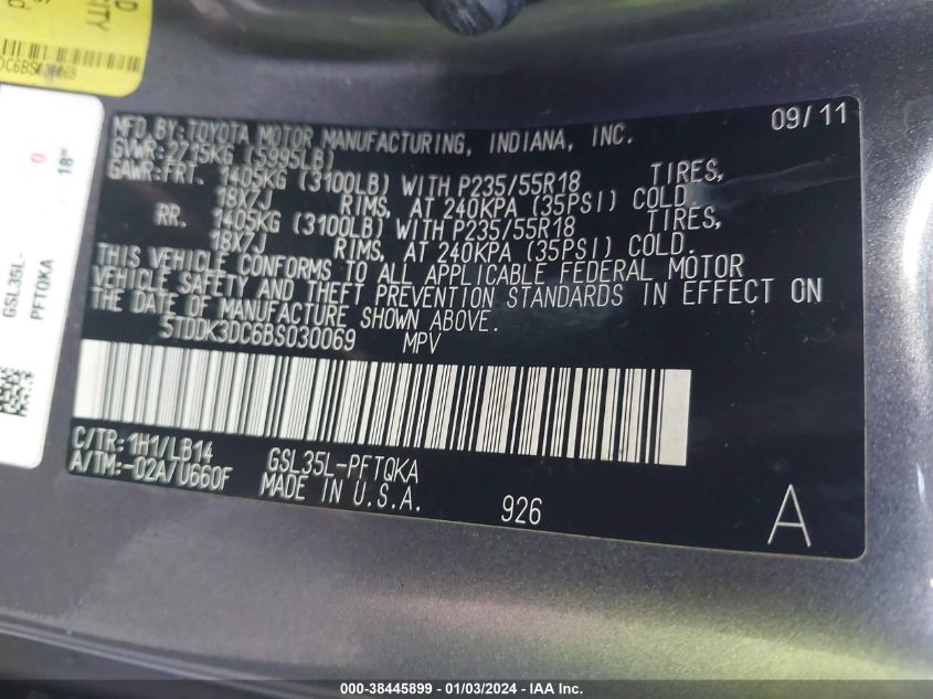 5TDDK3DC6BS030069 2011 TOYOTA SIENNA, photo no. 9