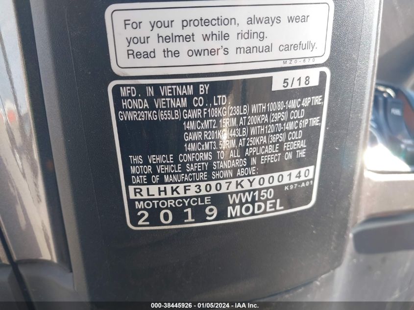 2019 HONDA WW150 RLHKF3007KY000140