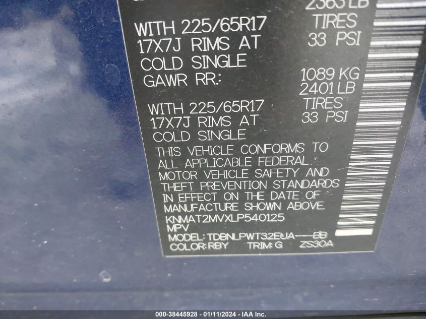 2020 NISSAN ROGUE S/SV - KNMAT2MVXLP540125