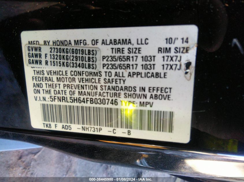 2015 HONDA ODYSSEY EXL - 5FNRL5H64FB030746
