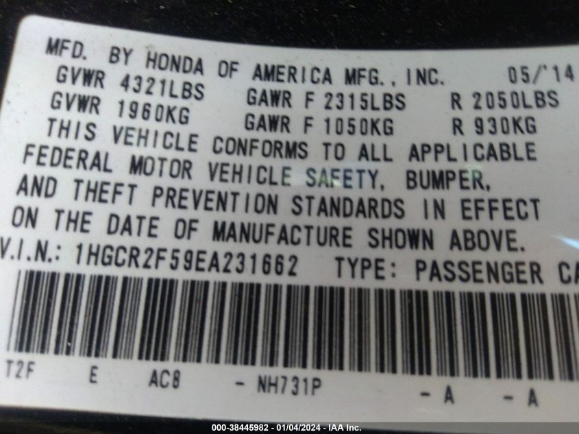 2014 HONDA ACCORD SPORT - 1HGCR2F59EA231662
