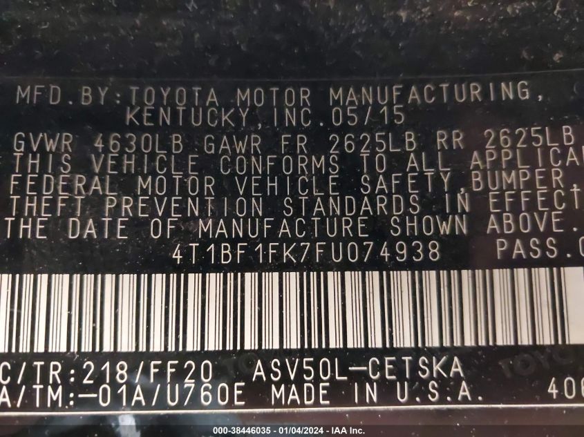 2015 TOYOTA CAMRY LE/XLE/SE/XSE - 4T1BF1FK7FU074938