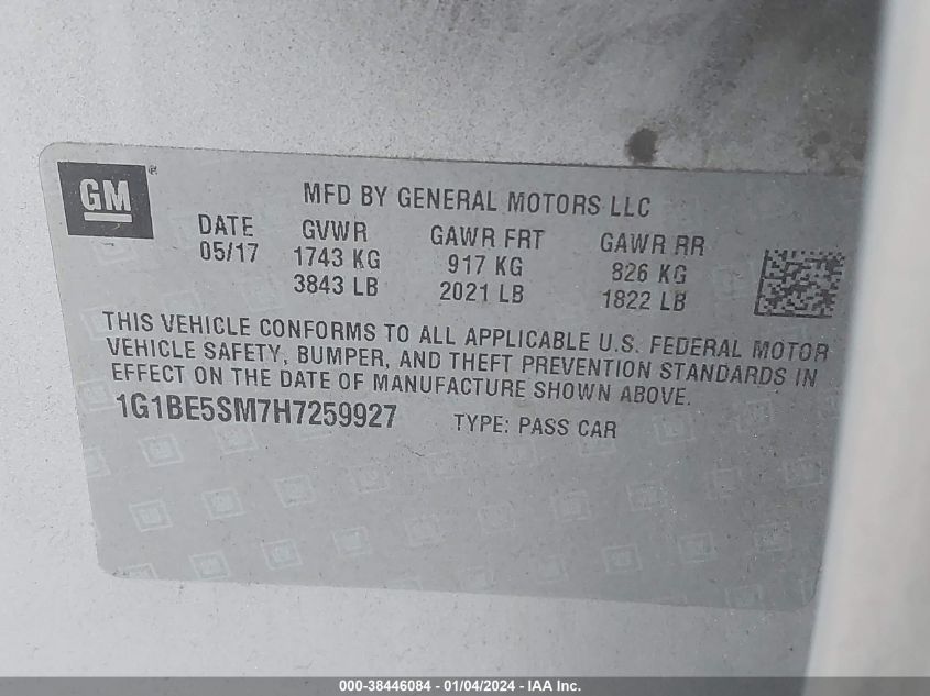2017 CHEVROLET CRUZE LT - 1G1BE5SM7H7259927