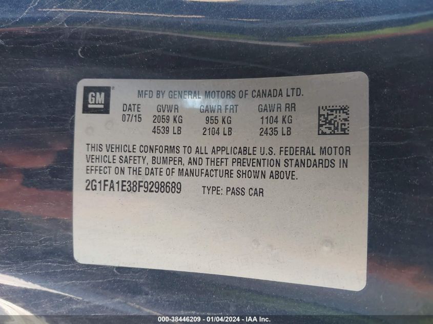 2015 CHEVROLET CAMARO 1LS - 2G1FA1E38F9298689