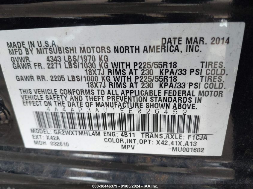 2014 MITSUBISHI OUTLANDER SPORT ES - 4A4AP3AU1EE026452