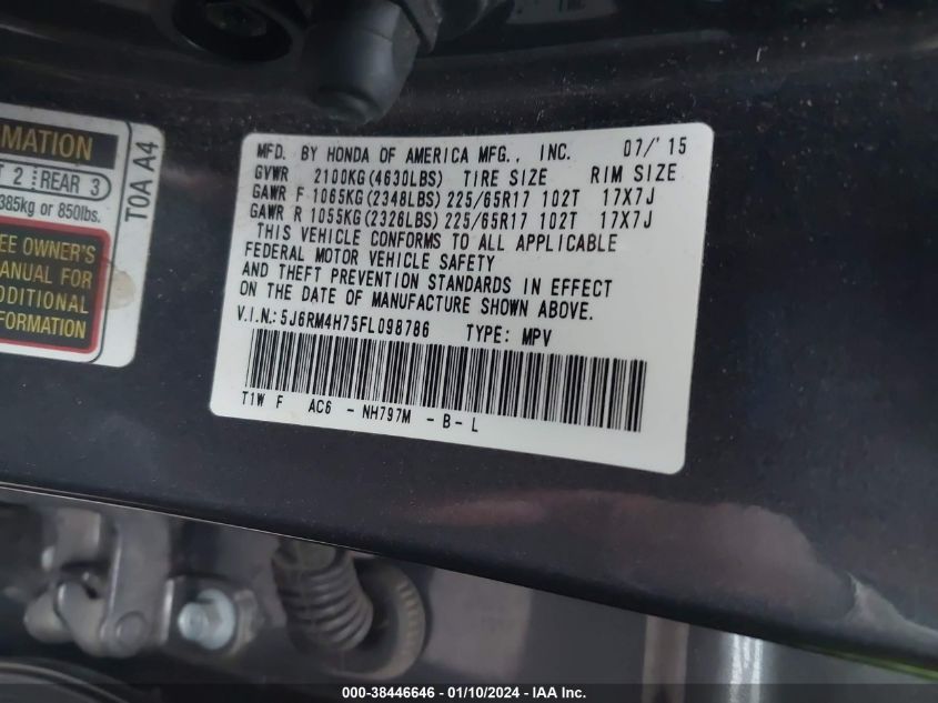 2015 HONDA CR-V EXL - 5J6RM4H75FL098786