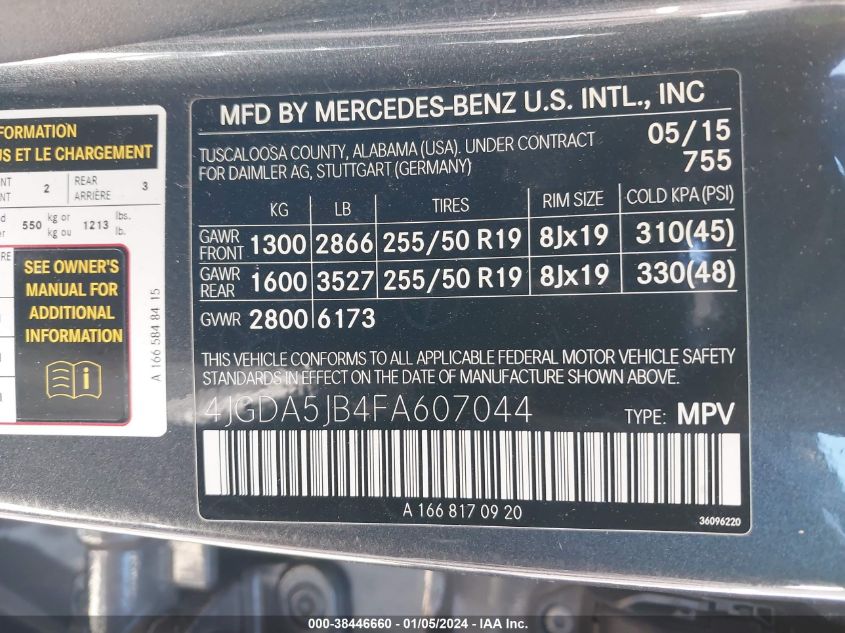 2015 MERCEDES-BENZ ML 350 4JGDA5JB4FA607044