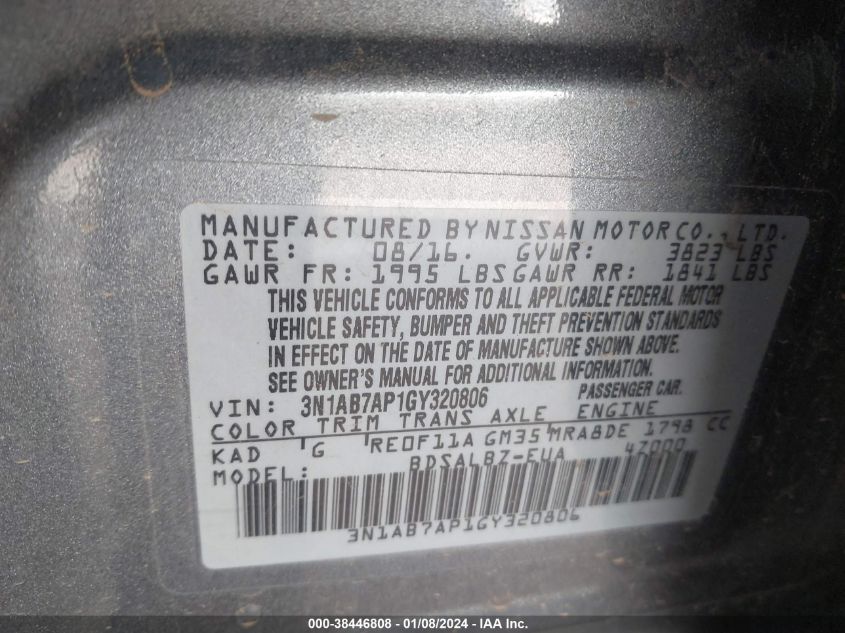 2016 NISSAN SENTRA S/SV/SR/SL - 3N1AB7AP1GY320806