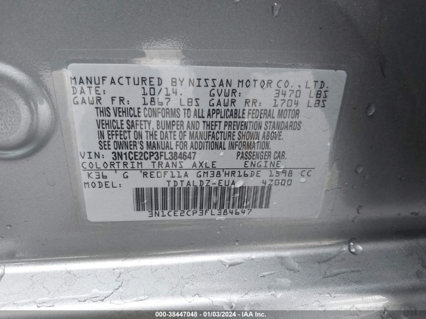 2015 NISSAN VERSA NOTE S/S PLUS/SV/SL/SR - 3N1CE2CP3FL384647