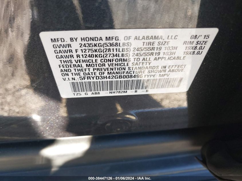 2016 ACURA MDX TECHNOLOGY   ACURAWATCH PLUS PACKAGES/TECHNOLOGY PACKAGE - 5FRYD3H42GB008496