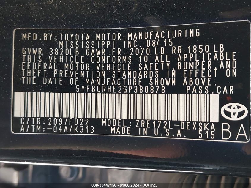 2016 TOYOTA COROLLA S PLUS - 5YFBURHE2GP380878