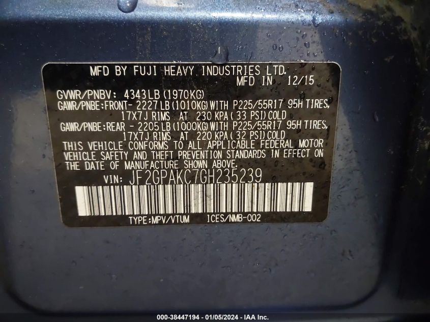2016 SUBARU CROSSTREK 2.0I LIMITED - JF2GPAKC7GH235239