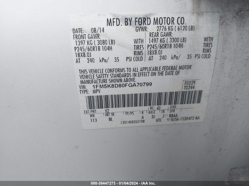 2015 FORD EXPLORER XLT - 1FM5K8D80FGA70799