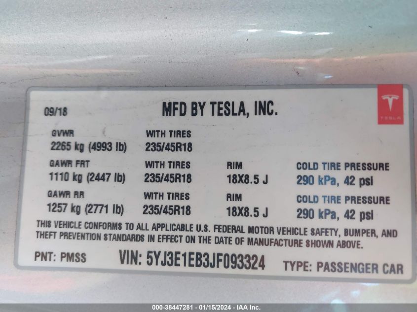 2018 TESLA MODEL 3 LONG RANGE/PERFORMANCE - 5YJ3E1EB3JF093324
