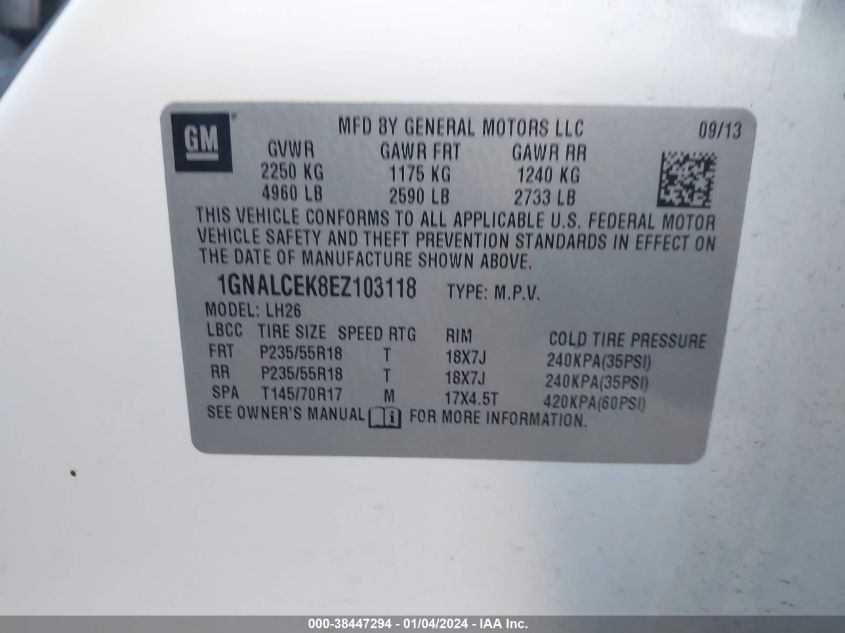 2014 CHEVROLET EQUINOX LT - 1GNALCEK8EZ103118