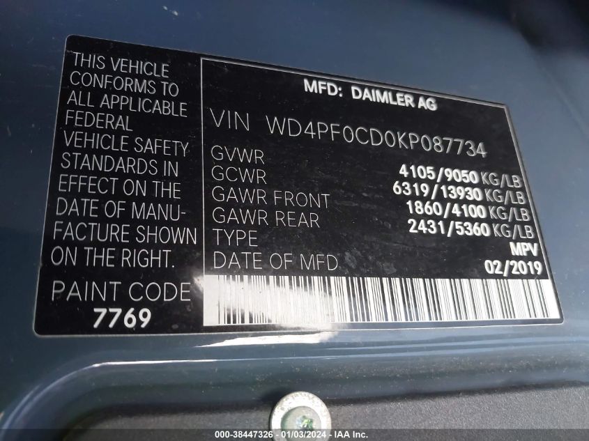 2019 MERCEDES-BENZ SPRINTER 2500 HIGH ROOF V6/STANDARD ROOF V6 WD4PF0CD0KP087734