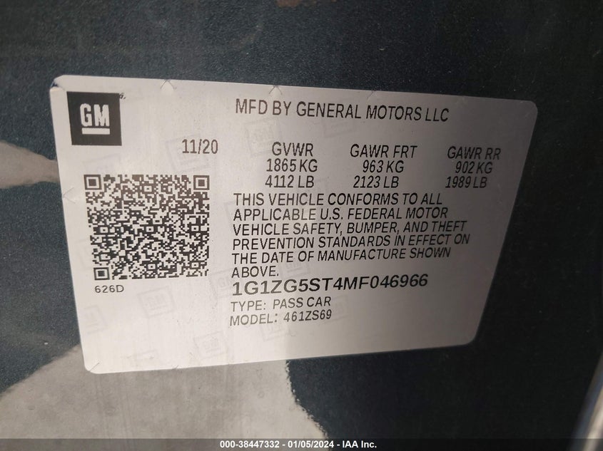 VIN 1G1ZG5ST4MF046966 2021 CHEVROLET MALIBU RS