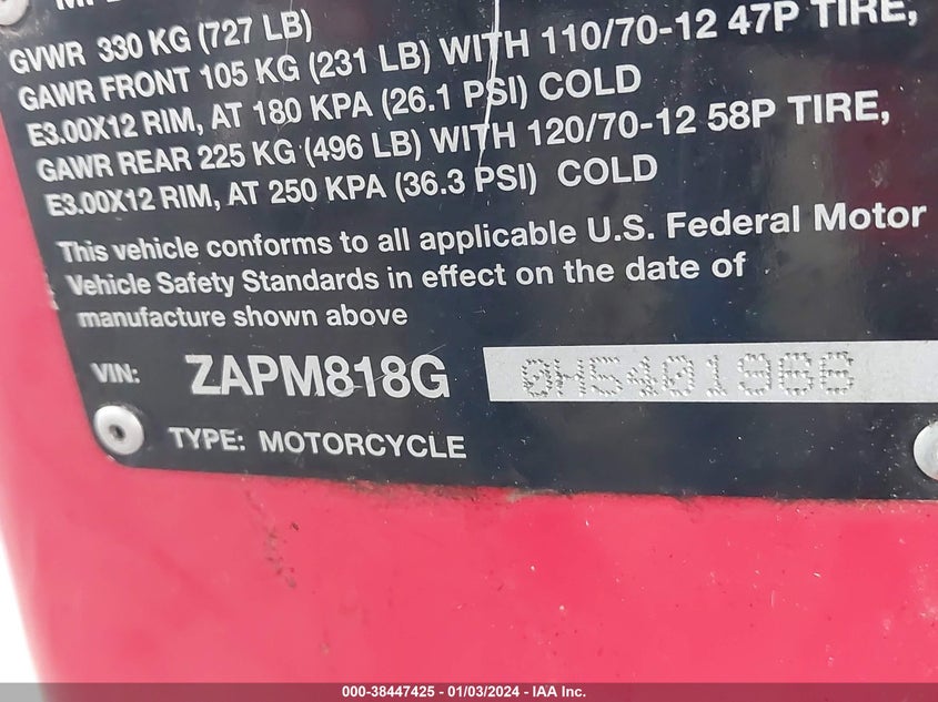 VIN ZAPM818G0H5401966 2017 VESPA SPRINT 150 3V
