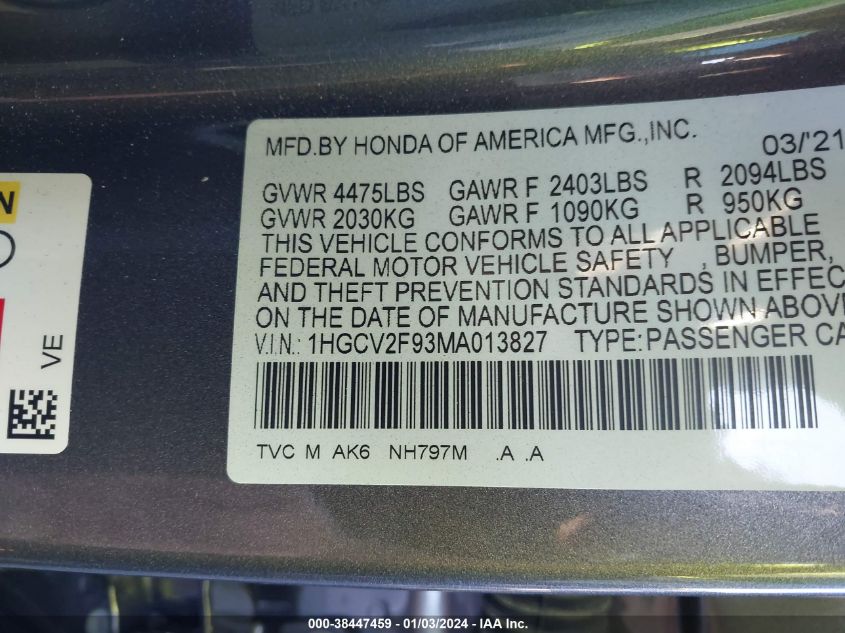 2021 HONDA ACCORD TOURING - 1HGCV2F93MA013827