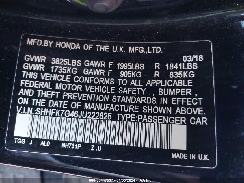 2018 HONDA CIVIC SPORT - SHHFK7G46JU222825