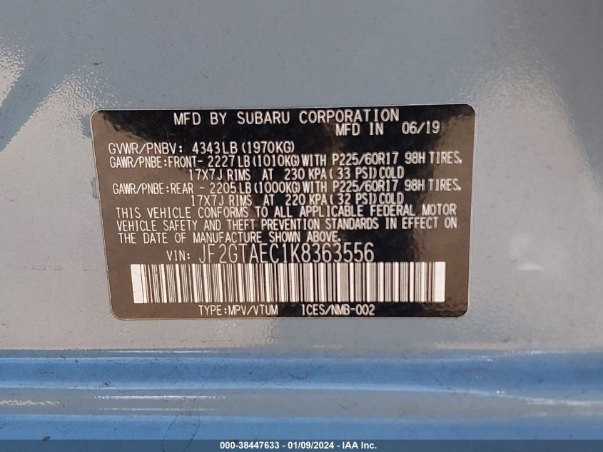 2019 SUBARU CROSSTREK 2.0I PREMIUM - JF2GTAEC1K8363556