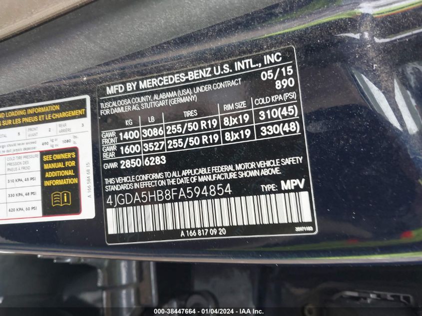2015 MERCEDES-BENZ ML 350 4MATIC 4JGDA5HB8FA594854