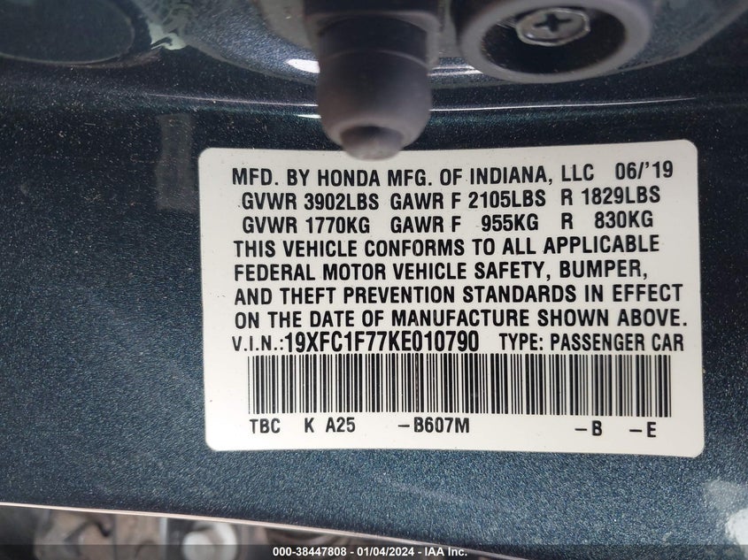 VIN 19XFC1F77KE010790 2019 HONDA CIVIC EXL