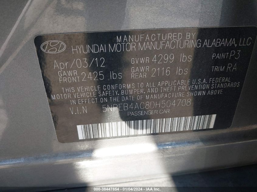 2013 HYUNDAI SONATA GLS - 5NPEB4AC8DH504708