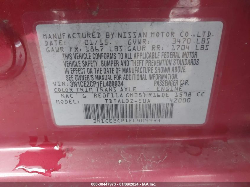 2015 NISSAN VERSA NOTE S/S PLUS/SV/SL/SR - 3N1CE2CP1FL409934