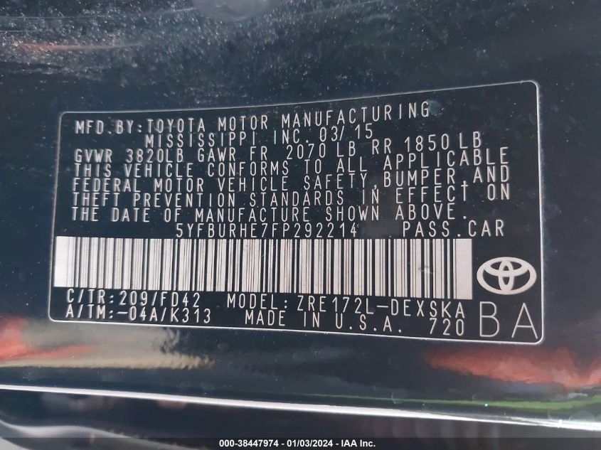 2015 TOYOTA COROLLA S PLUS - 5YFBURHE7FP292214