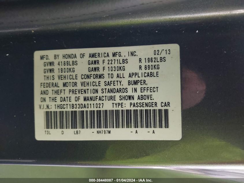 2013 HONDA ACCORD LX-S - 1HGCT1B33DA011027